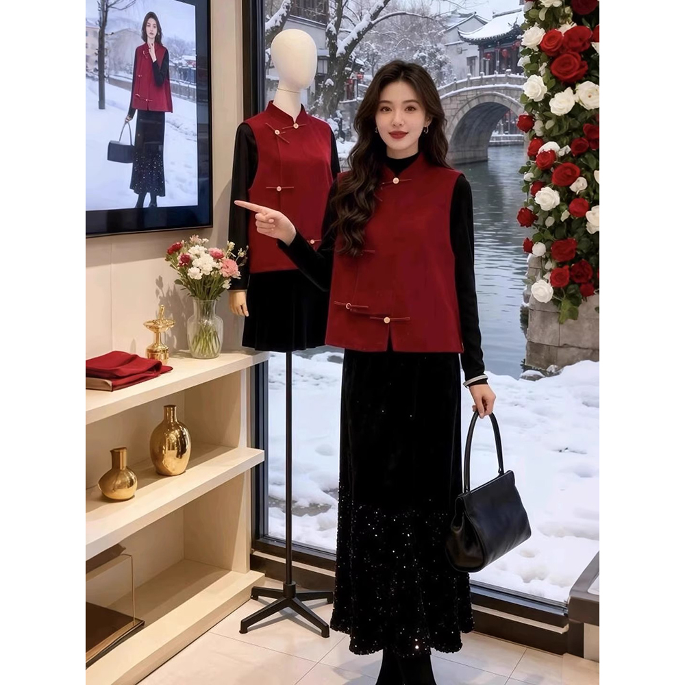 冬季一整套新中式国风红色马甲打底衫半身裙三件套高级感新年穿搭
