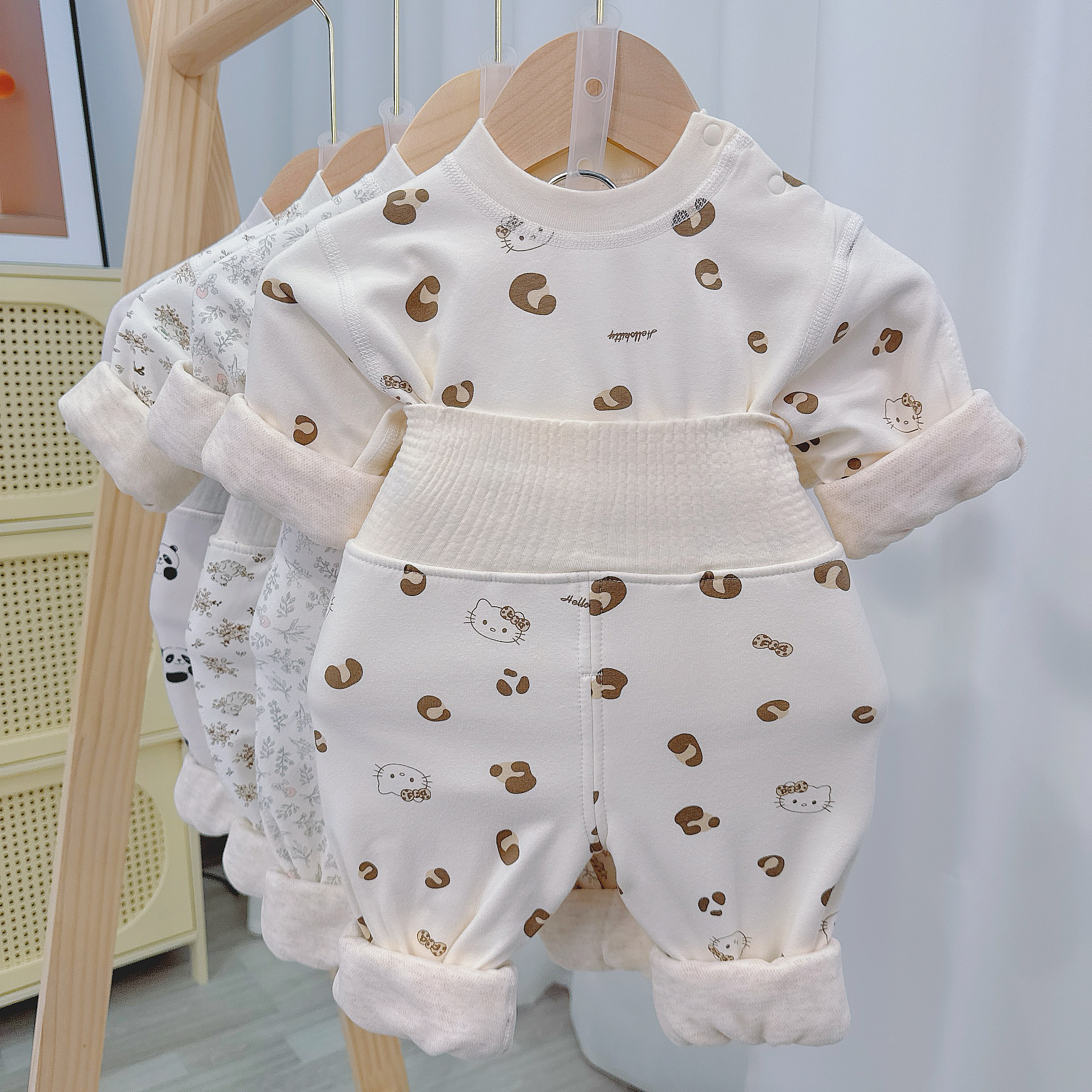 婴儿冬季【羽绒蚕丝保暖衣】A类满印花套装宝宝双层加绒加厚保暖