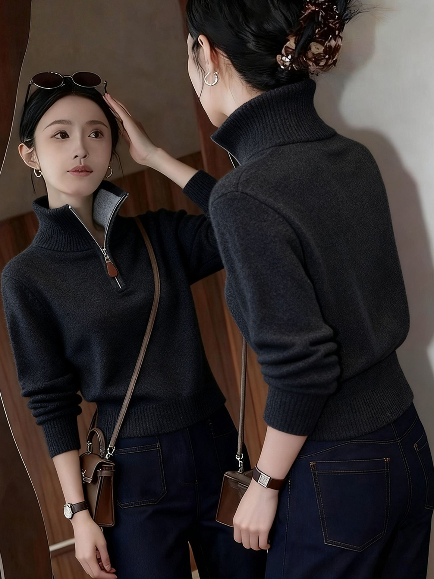 深灰色半拉链立领针织衫毛衣女款2025新款深冬独特超好看内搭上衣
