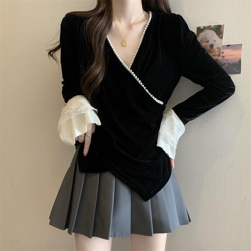 大码设计感小众V领钉珠蕾丝拼接丝绒衬衫女胖MM收腰显瘦长袖上衣