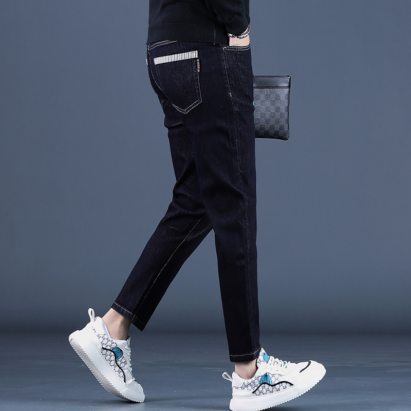 2025秋冬季新款黑蓝色高档牛仔裤男潮修身潮流休闲小脚九分裤子韩