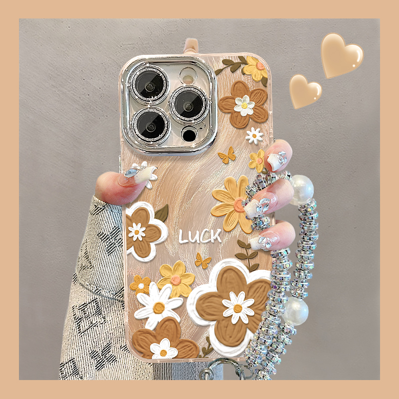 棕油画花适用苹果15华为vivo/oppo小米iPhone16精孔羽纱纹手机壳