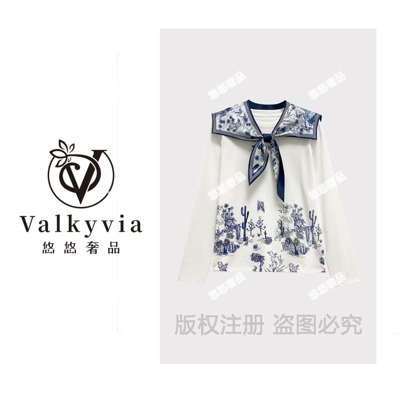 【Valkyvia/悠悠奢品】68222#青花瓷印花拼接T恤2025秋个性潮流上衣