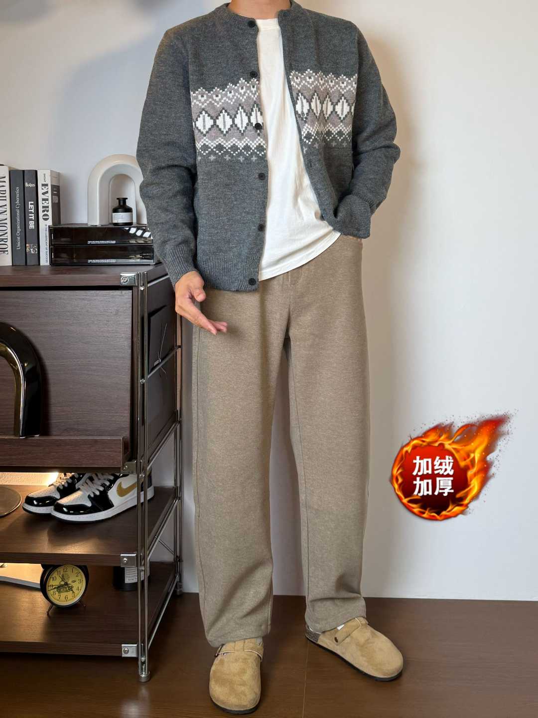 冬季男款羊毛混纺抗皱挺括感西裤休闲裤加绒加厚宽松直筒松弛感