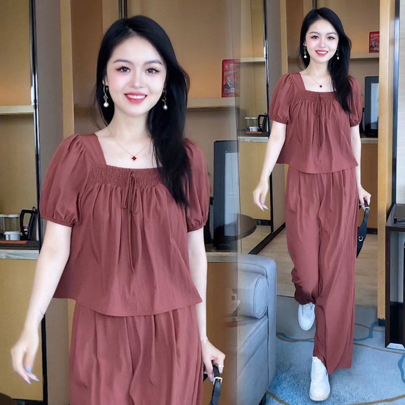 时尚气质夏季上衣宽松阔腿裤套装女显瘦洋气高腰休闲减龄百搭韩版