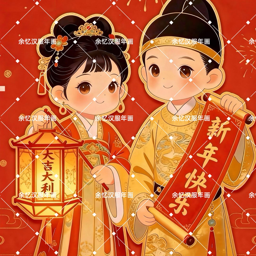 2026年4背胶新款正本清源汉服年画娃娃门神新年贴纸喜庆可爱