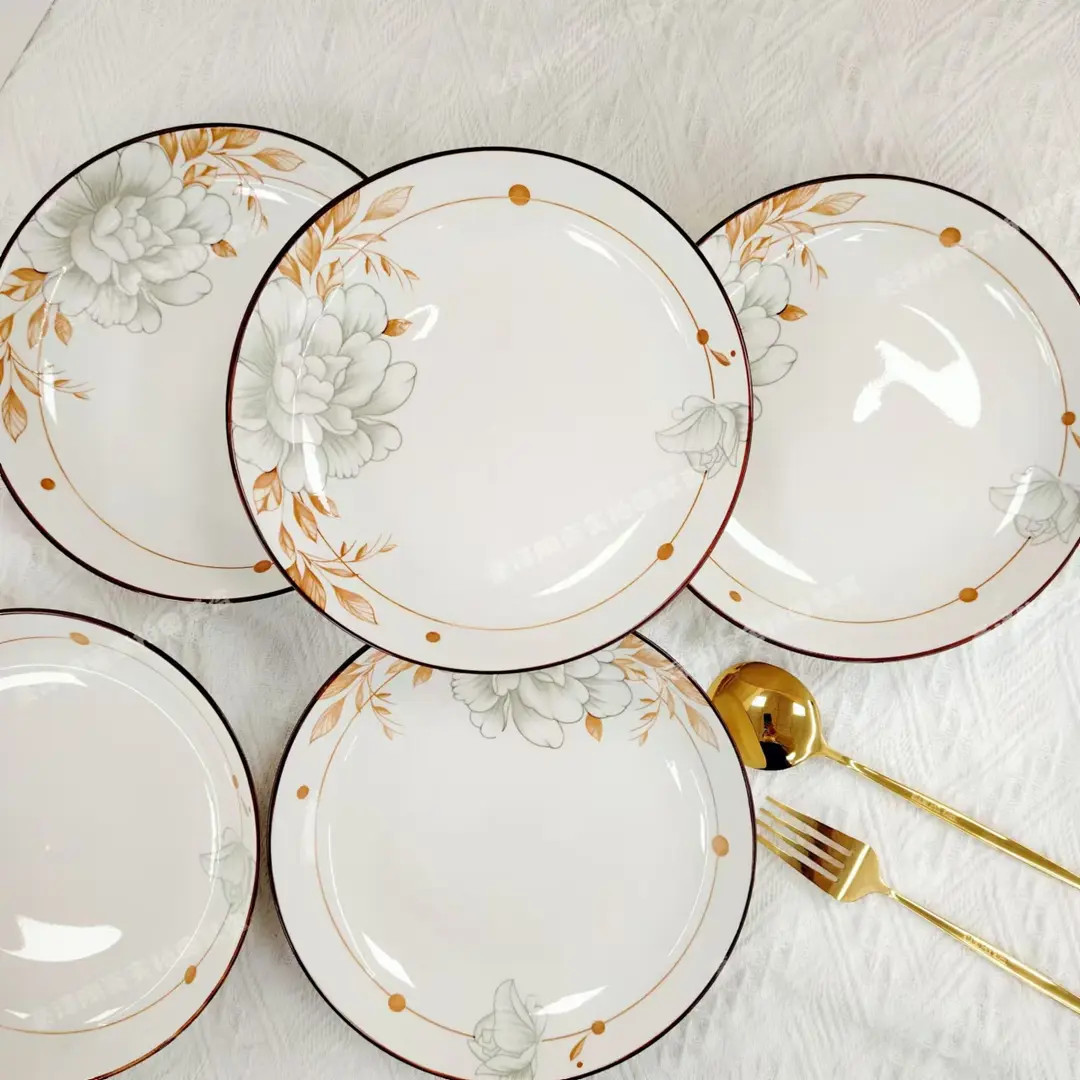 创意简约陶瓷餐盘国风牡丹盘碟8英寸六个大号盘子家用菜盘A397