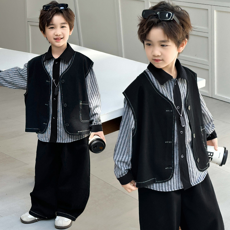 男童牛仔马甲三件套2025秋季新款韩范痞帅衬衫儿童阔腿裤春秋套装