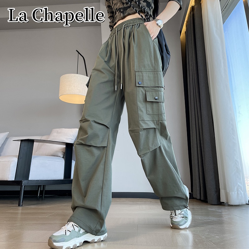 拉夏贝尔秋季新款垂感工装阔腿裤百搭美式速干登山休闲抽绳直筒裤