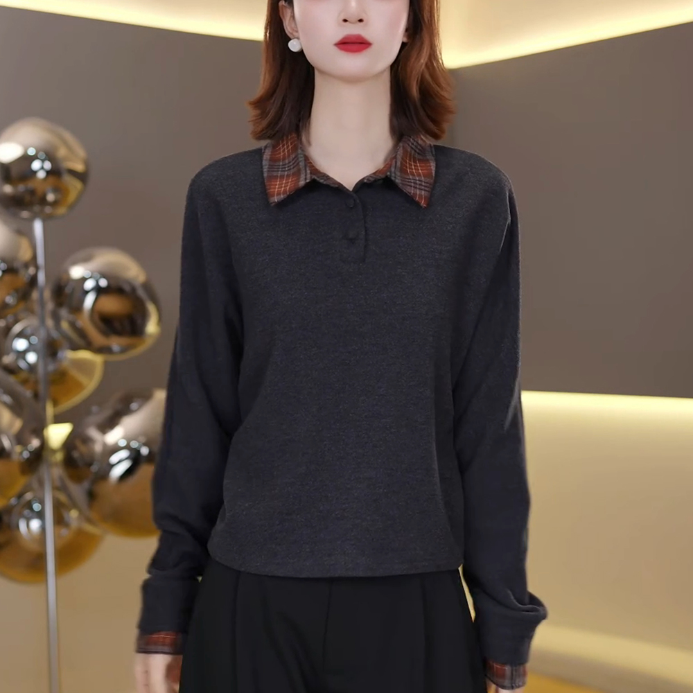高级感格子翻领打底衫女士秋冬新款洋气减龄宽松加厚德绒内搭上衣