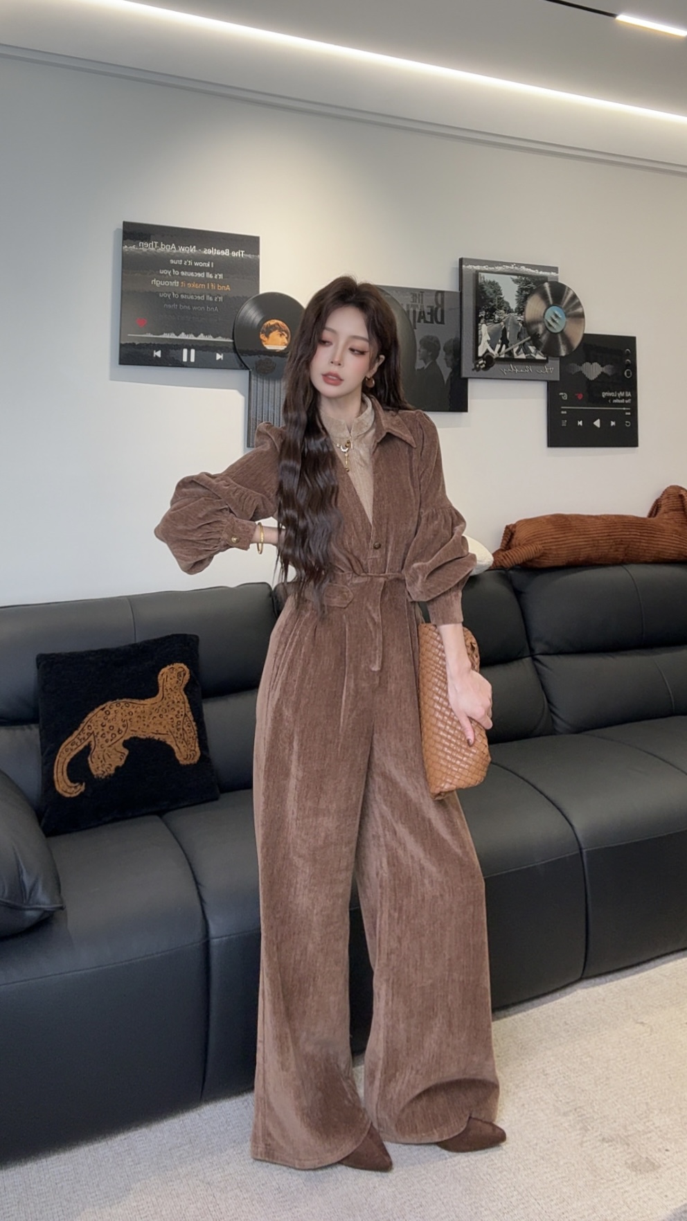 百搭假两件衬衫秋冬收腰系带阔腿套装爆款高级感穿搭 MDL012