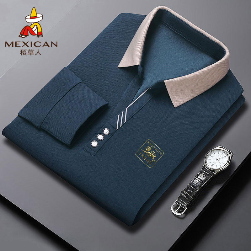 Mexican/稻草人春秋季男士Polo衫宽松休闲商务长袖翻领T恤衫男