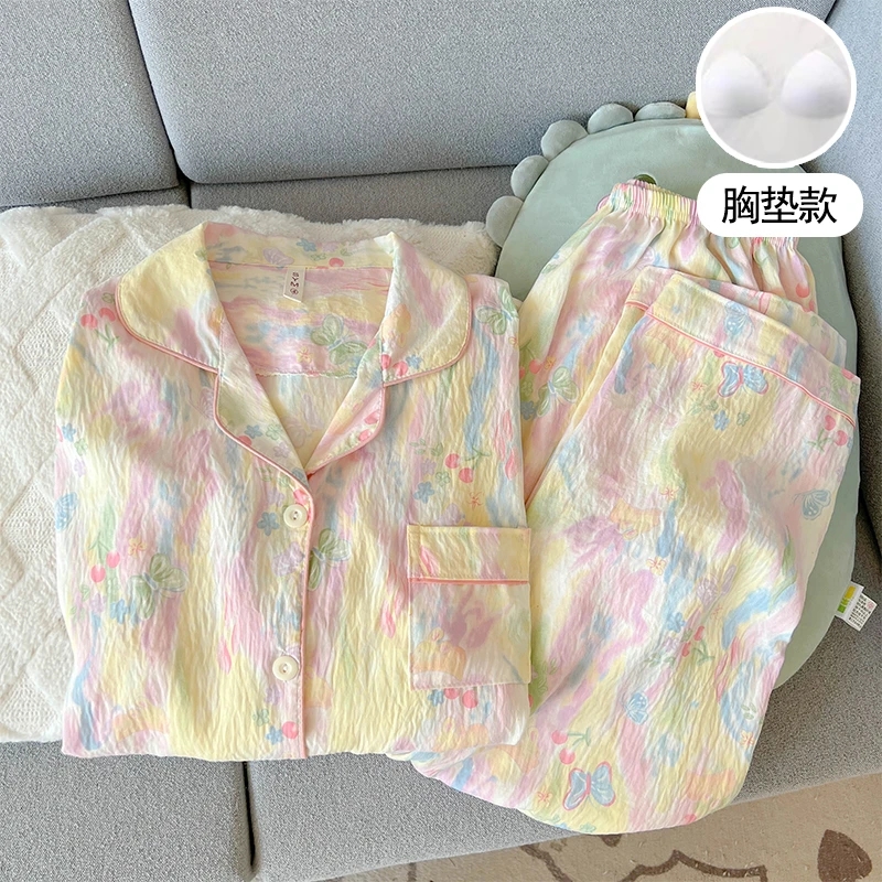 带胸垫长袖长裤翻领睡衣女春秋季多彩蝴蝶家居服开衫套装139