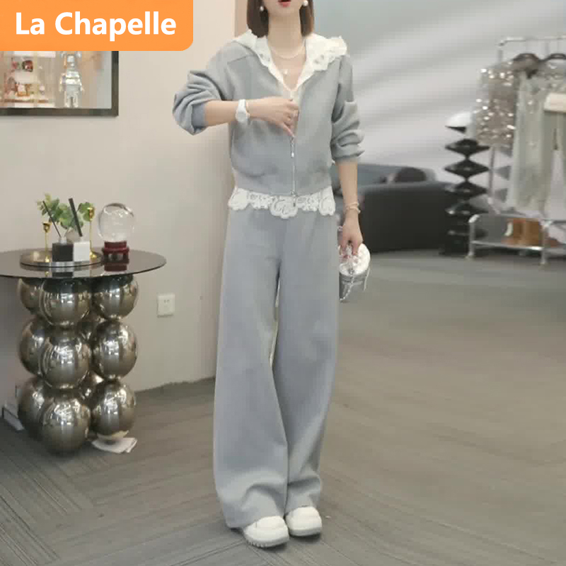 拉夏贝尔时髦洋气灰色休闲运动套装女春秋2025新款蕾丝拼接两件套