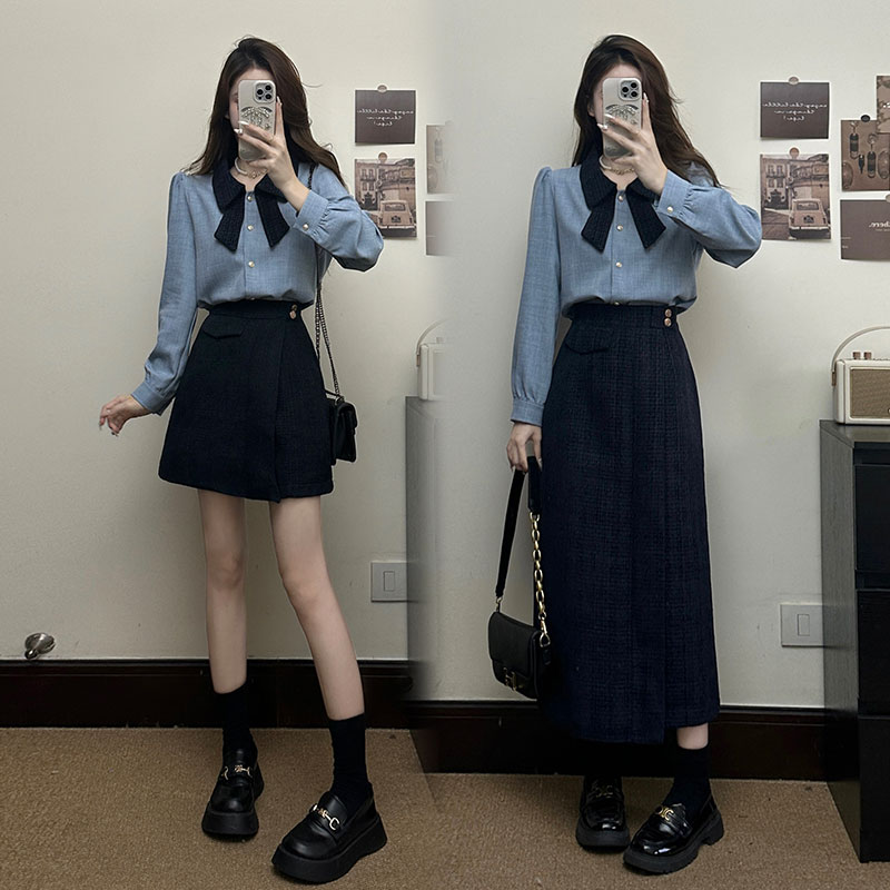 MO88ZSPF大码女装2025春季新款气质衬衫显瘦高腰遮肉裙裤两件套
