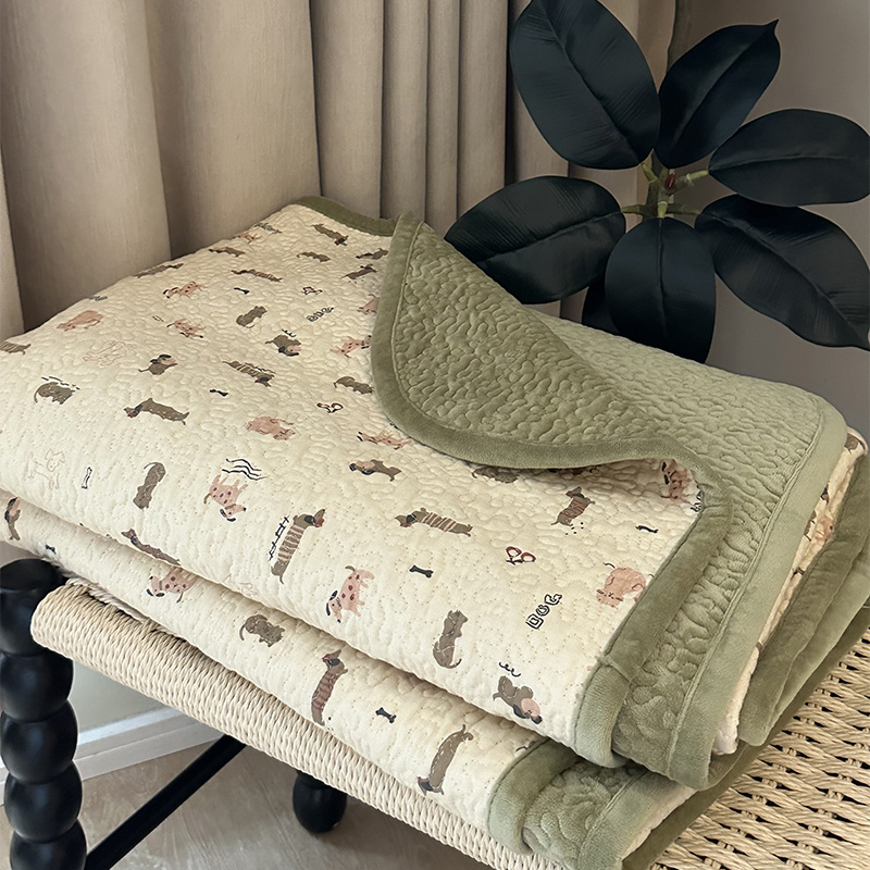 纯棉加绒床盖毯单件双面两用一面宝宝绒一面全棉双层纱加厚铺盖垫