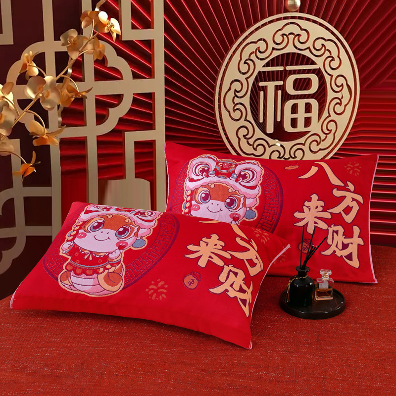 蛇年新年红纱布枕巾一对装百福枕头巾家用中式喜庆加厚隔脏保护罩