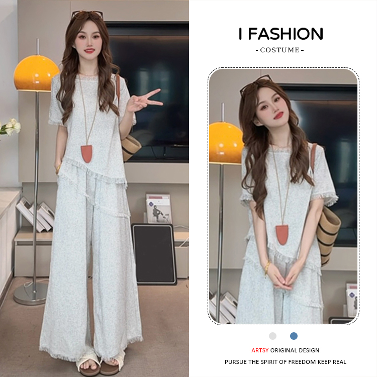 大码mm时尚显瘦套装女2025年夏季新款小个子流苏上衣阔腿裤两件套