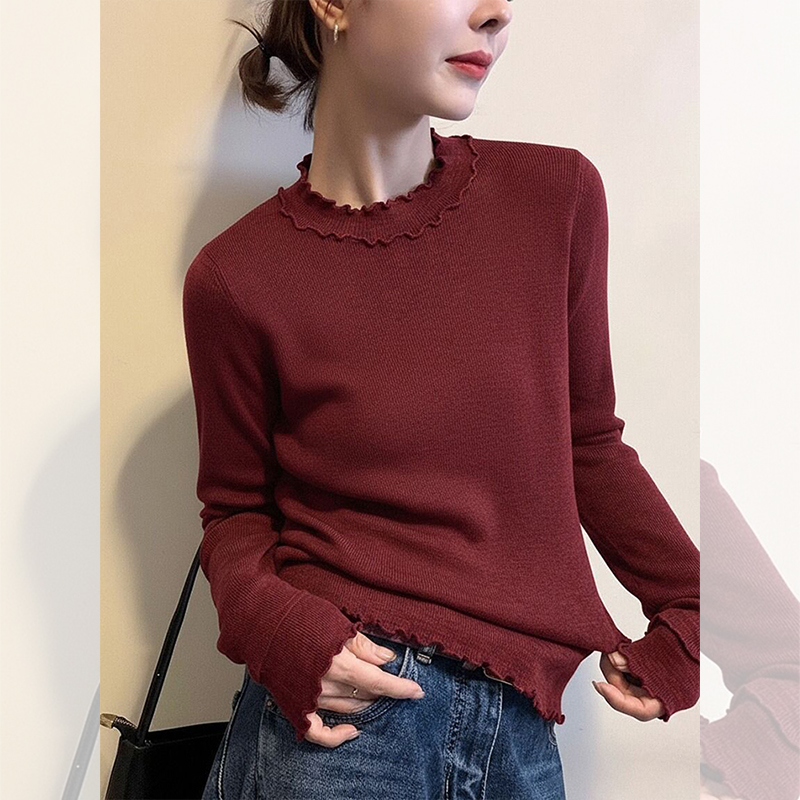 韩系红色木耳边假两件针织打底衫女秋冬设计感修身显瘦内搭上衣厚