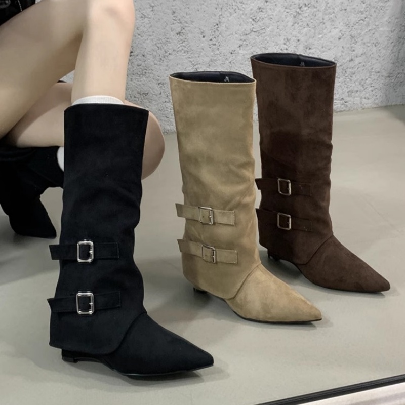 尖头靴子短靴女2025秋冬新款中筒女靴不过膝长靴坡跟高跟鞋马丁靴