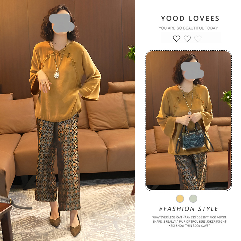 新中式国风套装女春秋新时尚休闲盘扣气质上衣高腰阔腿长裤两件套