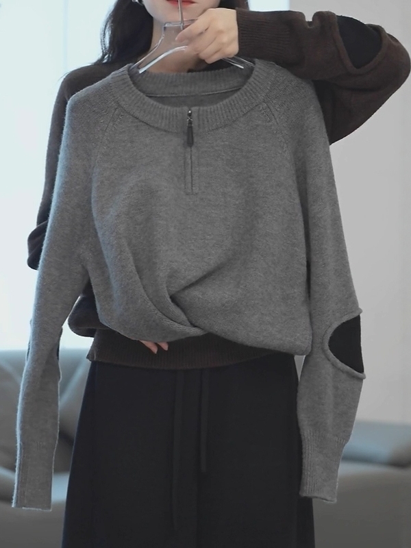灰色半拉链毛衣内搭女秋冬2025新款大码胖MM高级感宽松针织衫上衣