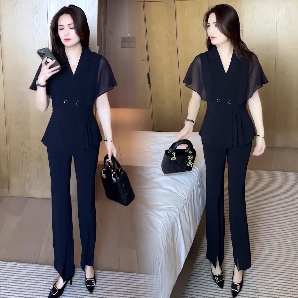 时尚雪纺套装女2025夏季新款气质V领短袖上衣微喇裤显瘦两件套潮