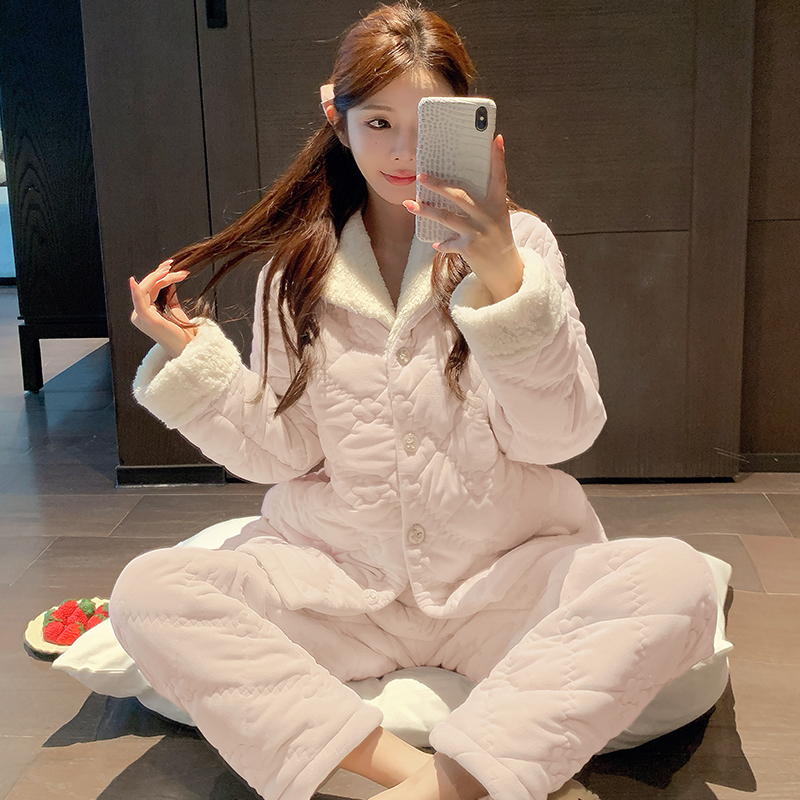 加绒加厚甜美公主风棉袄套装家居服冬季保暖珊瑚绒三层夹棉睡衣女