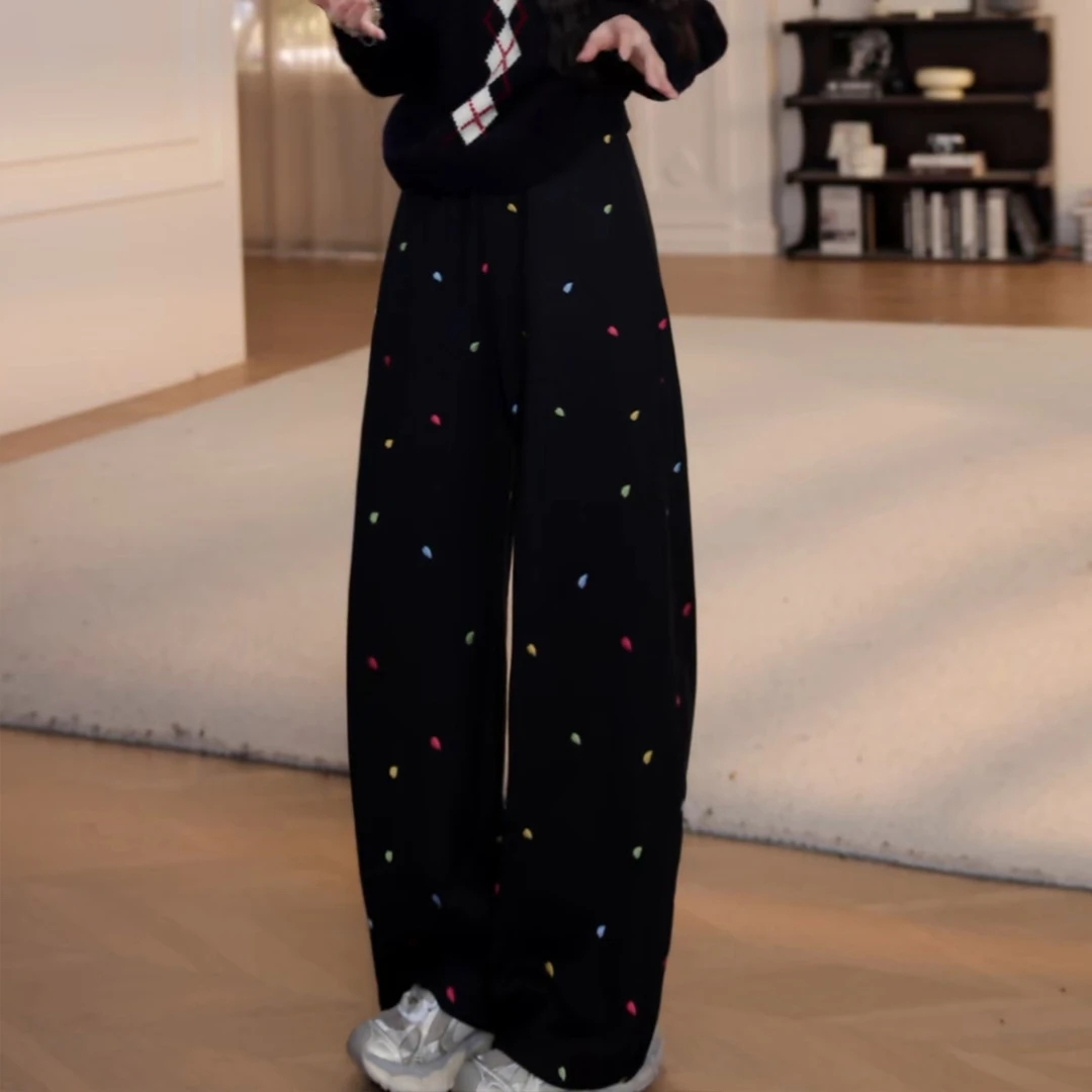 【彩色心情】2026冬季加厚彩点休闲裤女小个子直筒长裤