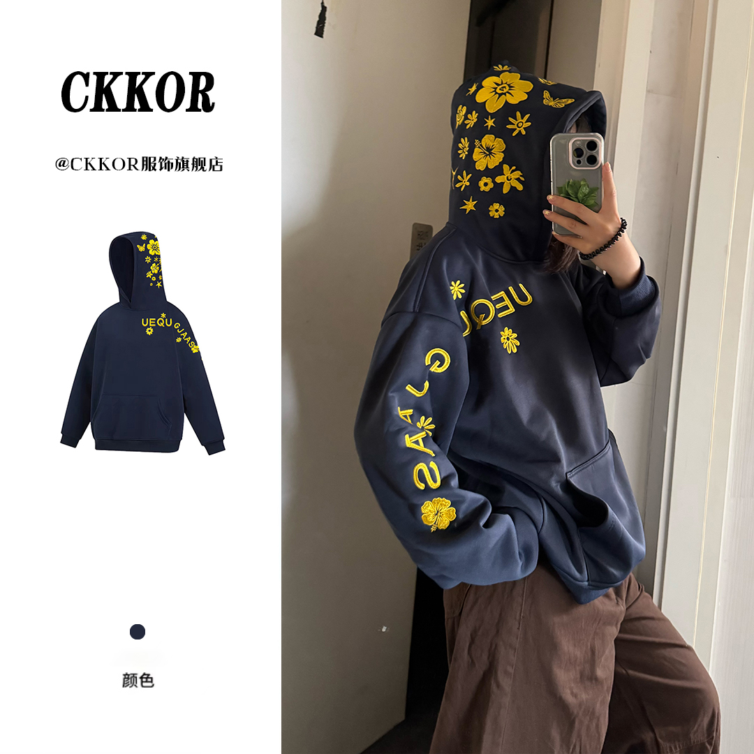 CKKOR潮流休闲服初冬加绒加厚刺绣款连帽卫衣韩系ins时尚潮牌女装