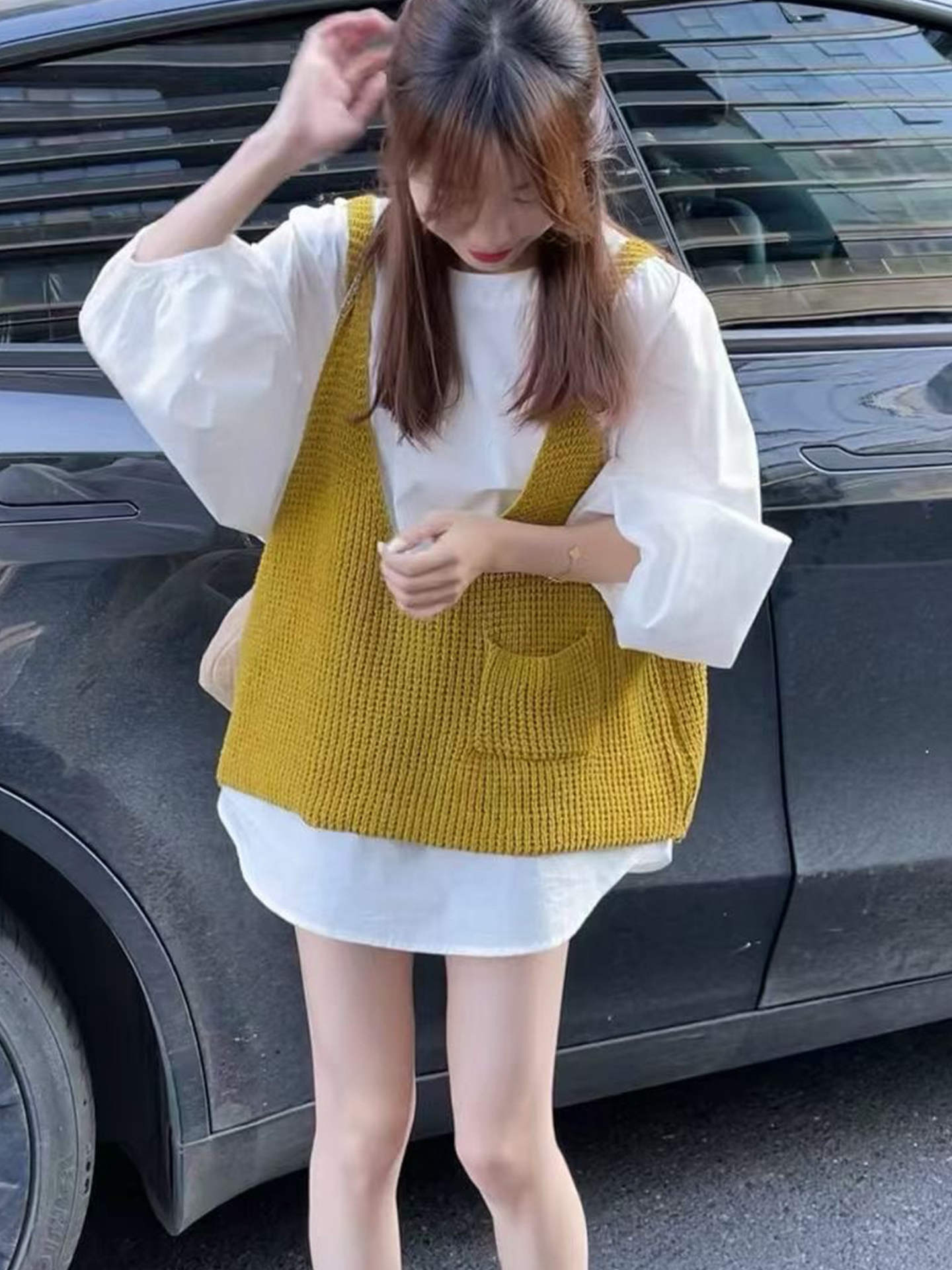 2025秋季新款韩版叠搭设计简约长袖衬衫+针织背心两件套百搭上衣