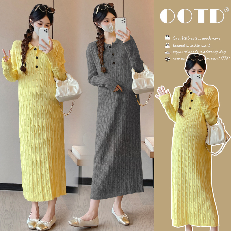 橙子家-新款时尚法式宽松休闲麻花打底针织polo领长款孕妇连衣裙