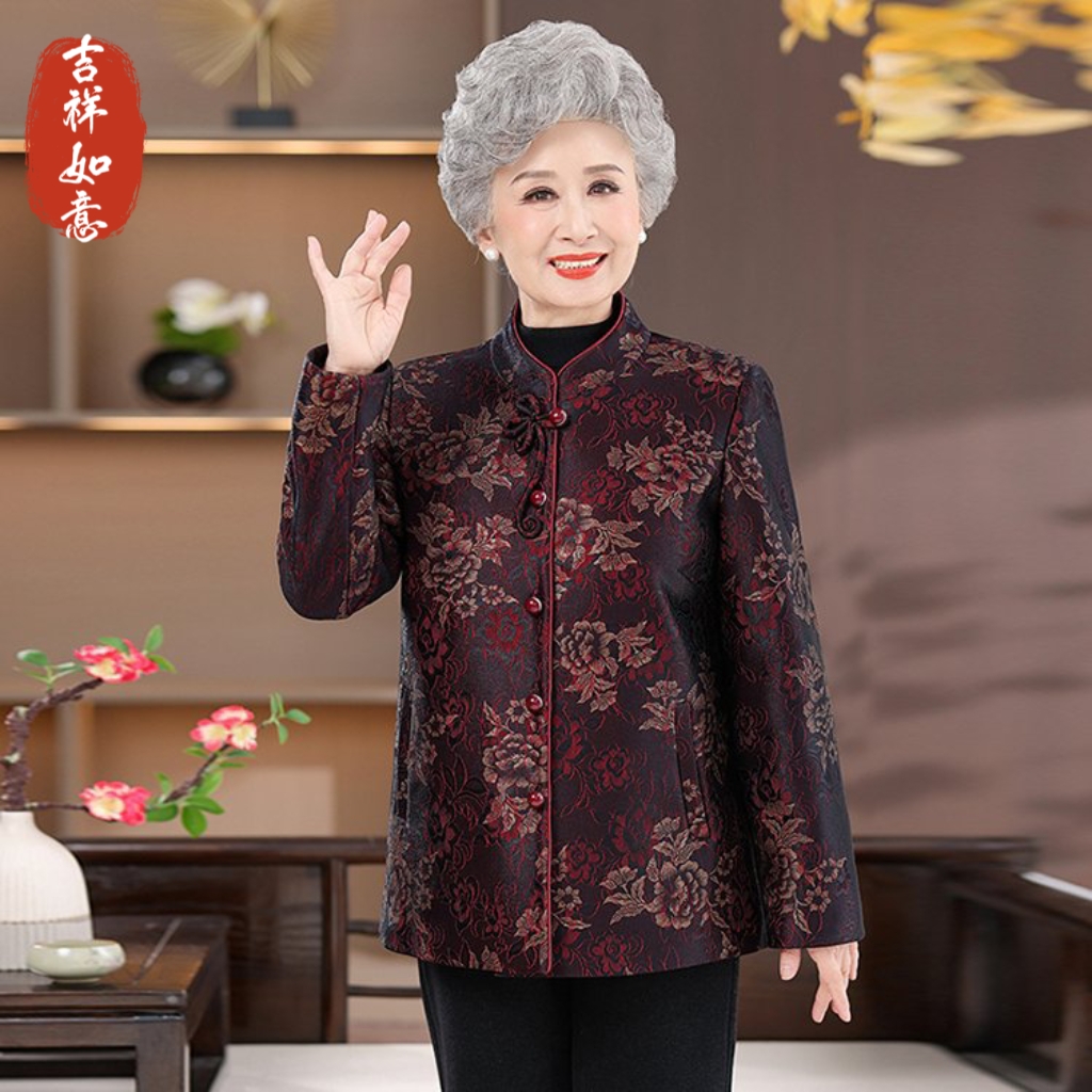 秋冬新款妈妈装新中式立领外套中老年人女加绒厚衣服气质奶奶上衣