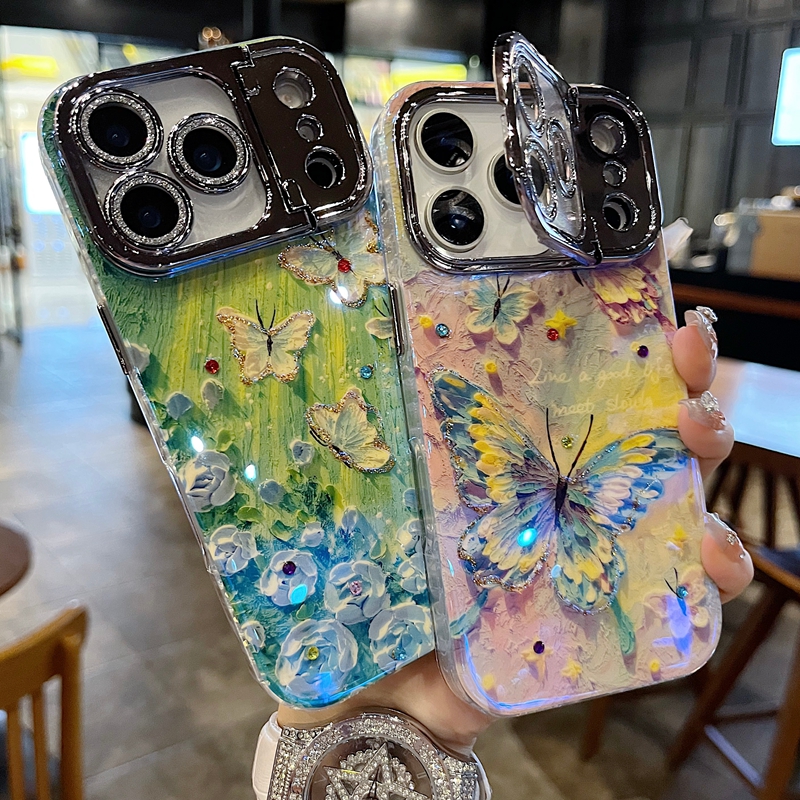 适用苹果系列iPhone17新款手机壳时尚渐变紫蝴蝶枪色精孔镜框支架