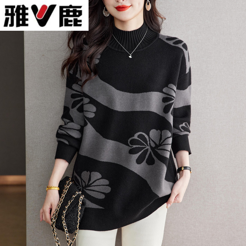 雅鹿中年妈妈半高领羊毛衫女秋冬中长款宽松针织打底衫加大码遮肚