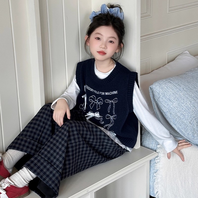 女童秋季三件套2025新款女孩森系时髦马甲打底衫儿童春秋韩系套装