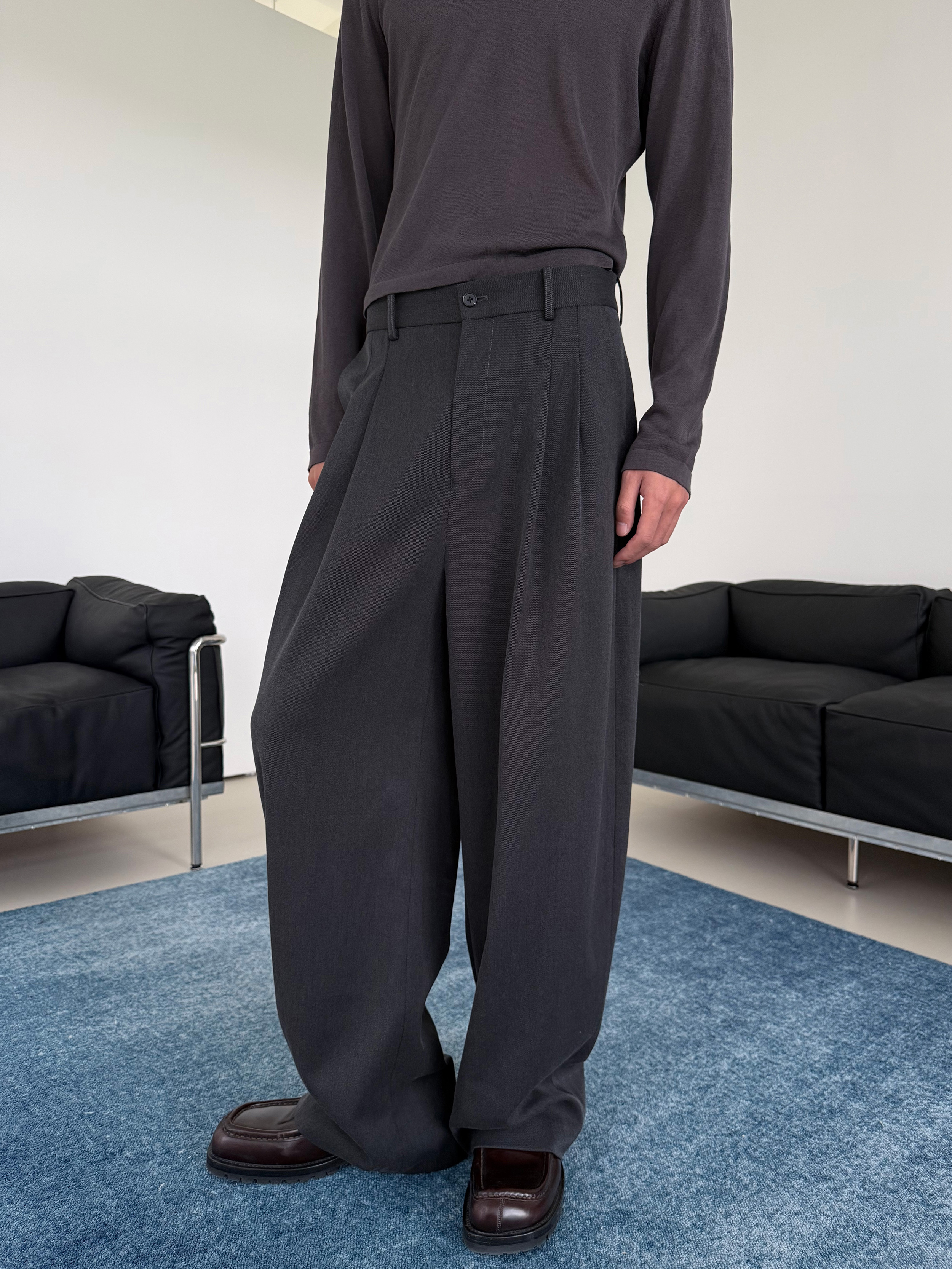 weave【新品】秋季褶皱词典灰色宽松廓形双褶西裤垂坠抗皱直筒长裤