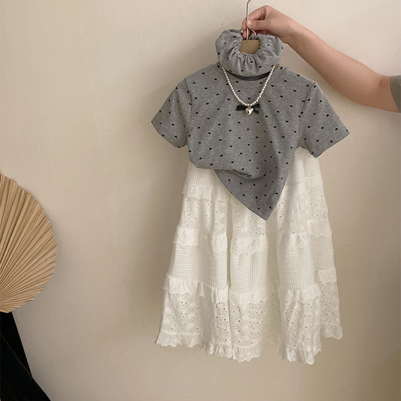 女童夏季套装2025新款洋气小女孩波点T恤+花边儿童海边度假衣服