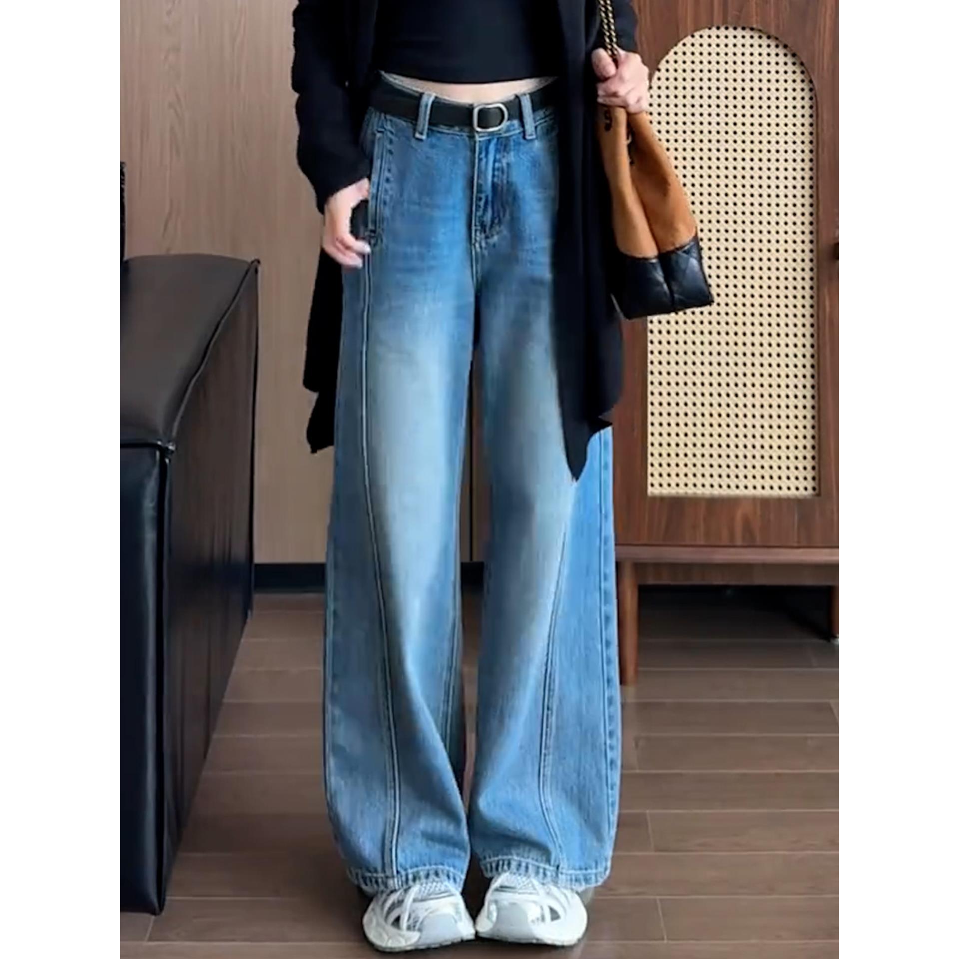 拉夏贝尔窄版阔腿牛仔裤女秋季爆款2025新款小个子高腰显瘦直筒裤