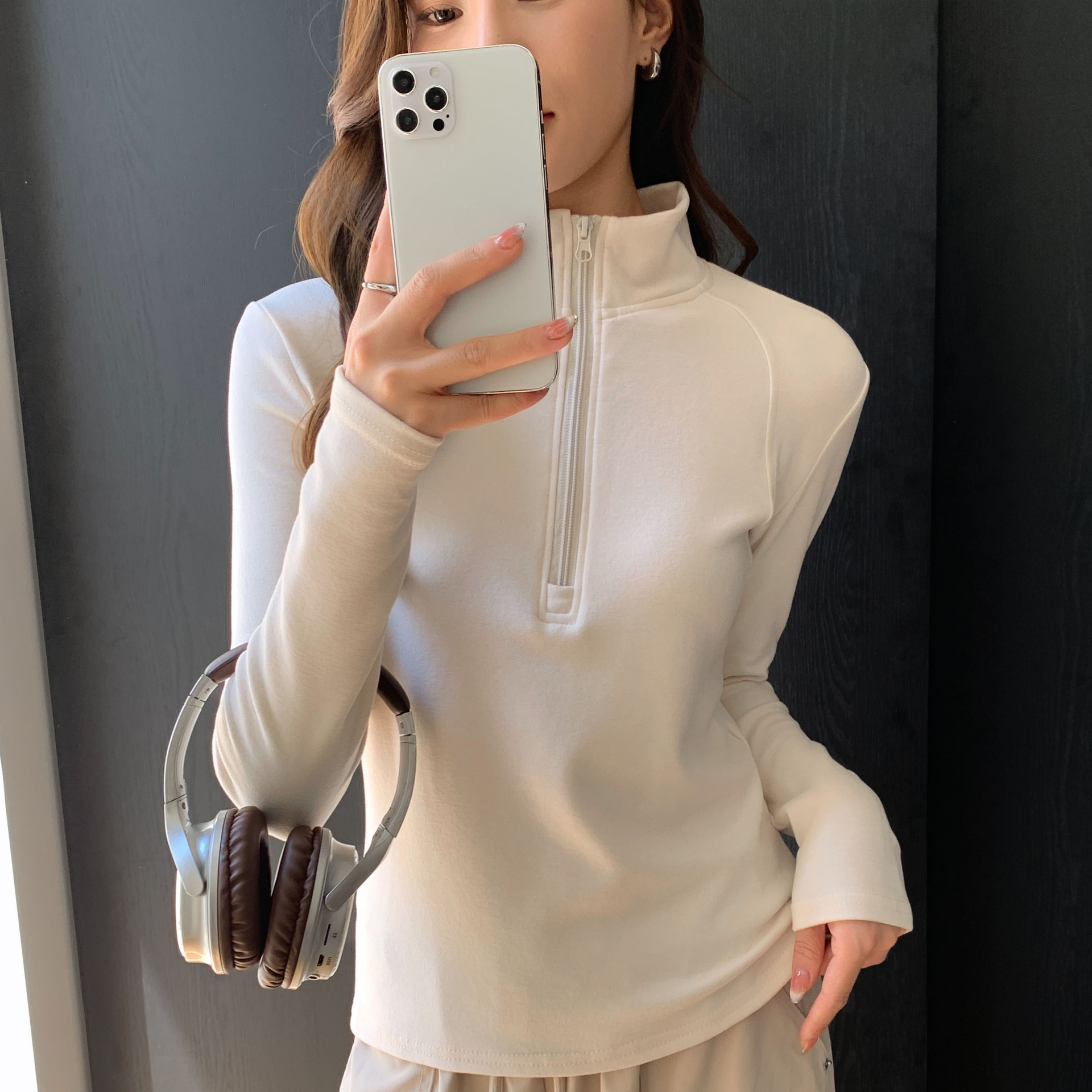 半高领打底衫女秋冬加绒保暖卫衣休闲百搭显瘦纯色半拉链长袖上衣