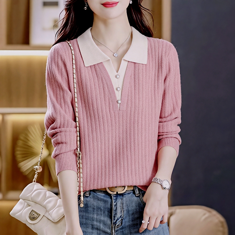 【80-160斤】新款假两件套头针织衫翻领长袖宽松洋气显瘦百搭上衣女