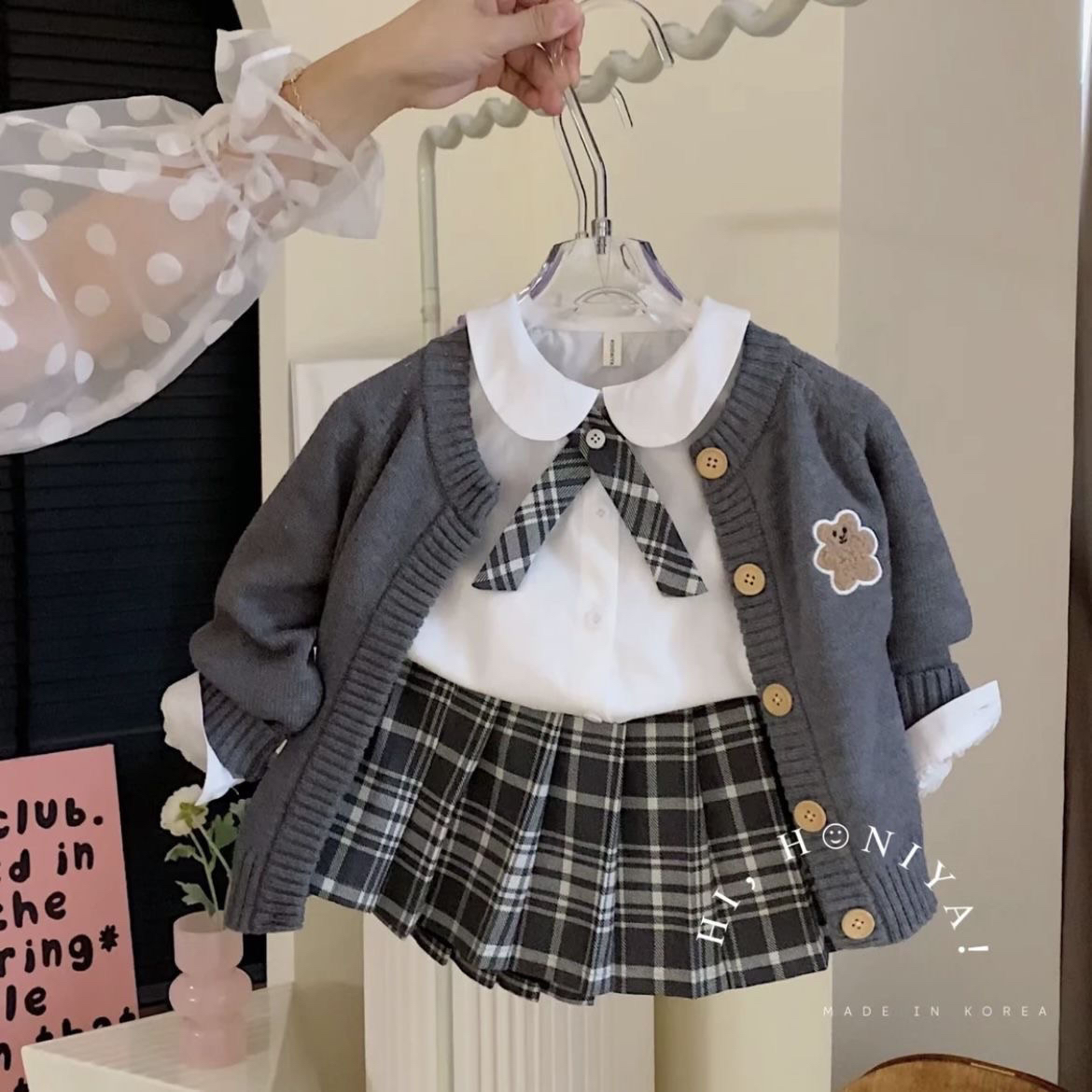 格子女韩版学院风春秋常规套装洋气上衣小童春秋款童装洋气三件套