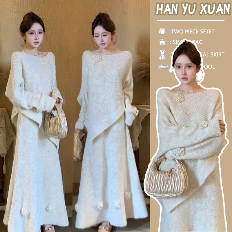 孕妇套装秋冬新款不规则蝙蝠袖孕妇毛衣+可调节半身裙气质两件套