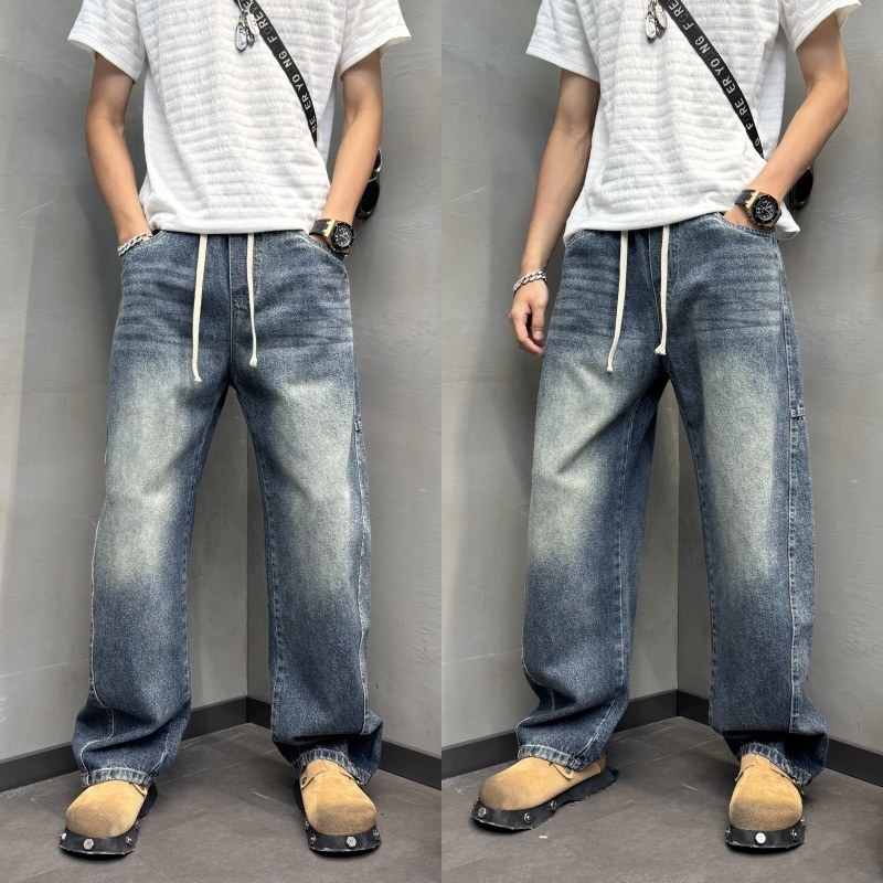 新款秋冬垂感男士百搭潮流水洗宽松猫男士美式水洗猫须直筒宽松