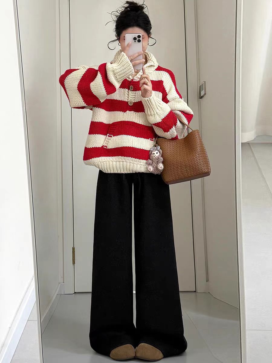 韩版宽松针织落肩袖条纹毛针织衫套头时尚洋气保暖网红加厚冬季