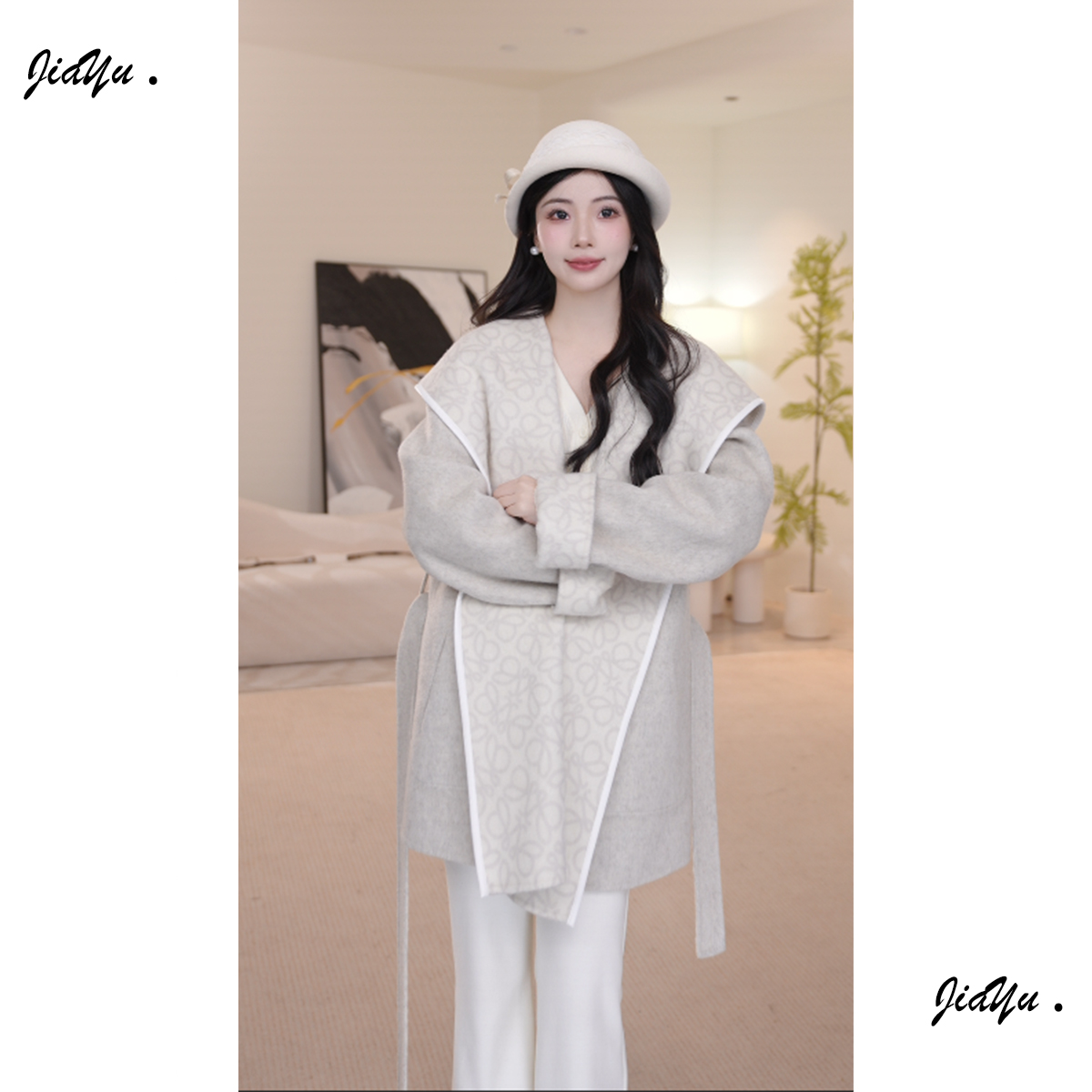 佳瑜yu【爱的华尔兹】25新款老花双面呢外套女慵懒连帽大衣28D267