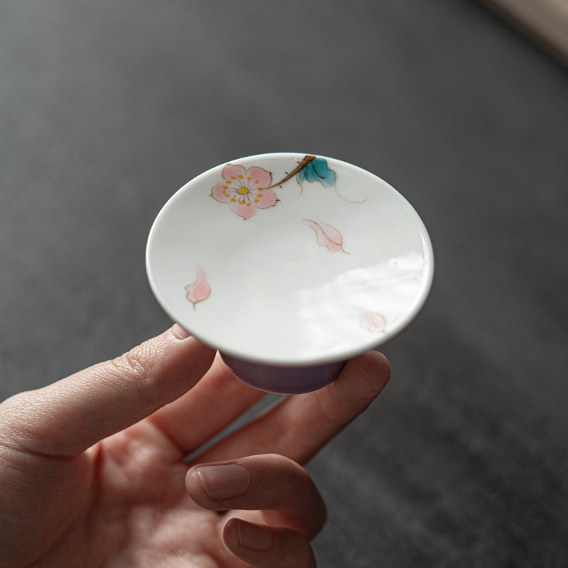 手绘桃花盖置 轻奢复古盖托 陶瓷功夫茶具茶道配件