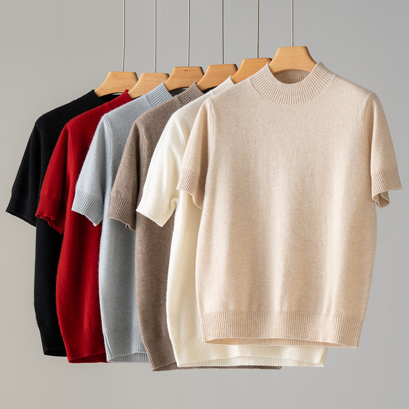 100纯羊绒衫2025年秋冬新款半高领纯色套头针织打底衫毛衣短袖女