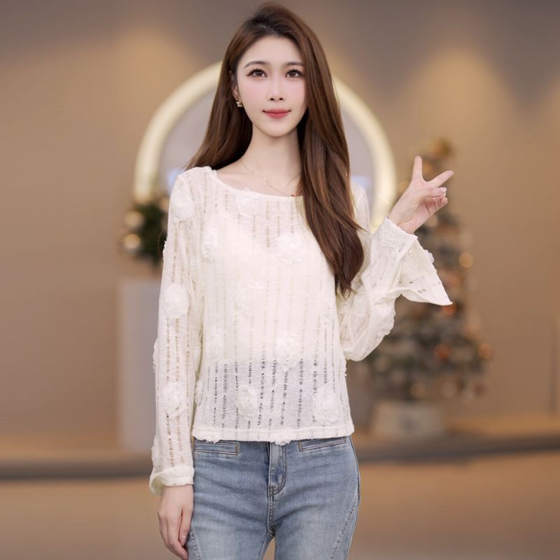 马克华菲女装春夏镂空针织手工盘花圆领宽松针织衫上衣休闲