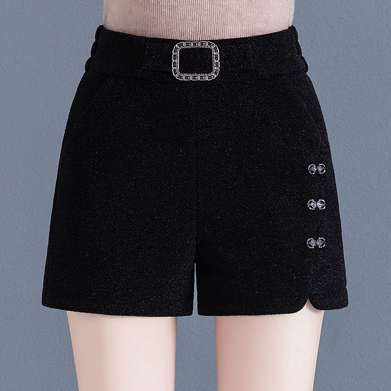 雅鹿水貂绒短裤女秋冬新款高腰宽松显瘦百搭黑色平绒外穿开叉靴裤